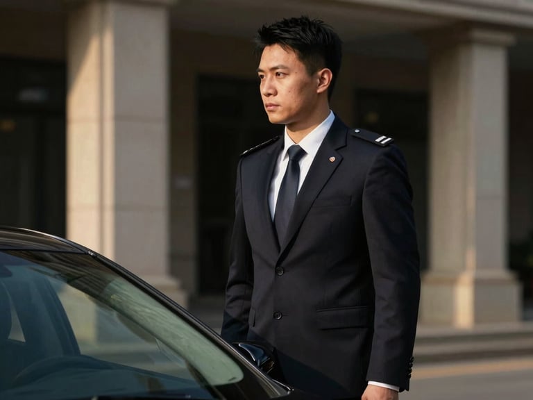 A professional security specialist in a perfectly tailored dark suit standing near a sleek vehicle, low-key side-lighting, absolute focus, 35mm