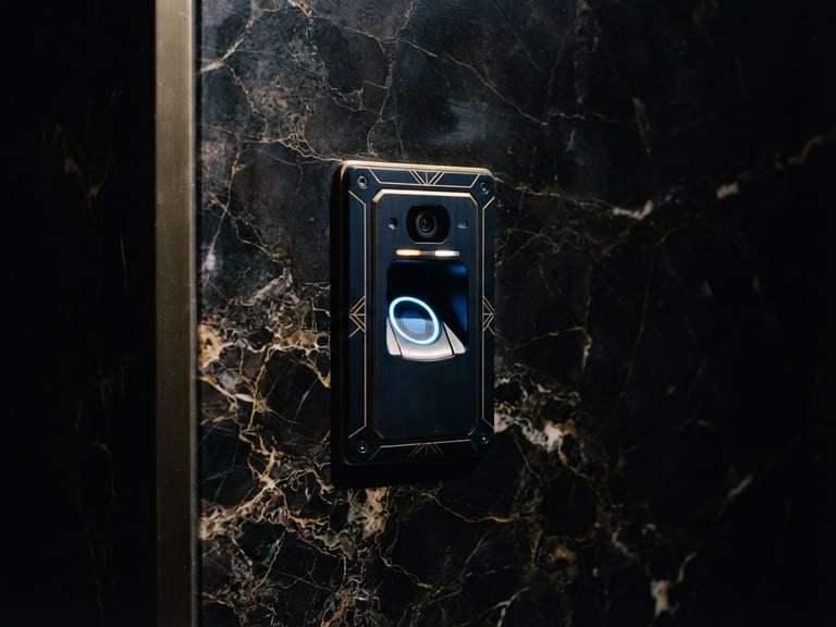 Low-key dramatic side-lighting on a close-up of a high-end biometric security scanner integrated into a dark marble wall, architectural context, 35mm