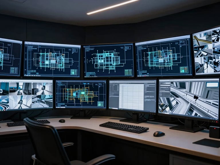 A sleek monitoring room with high-contrast displays showing architectural blueprints and security feeds, low-key lighting, technical precision