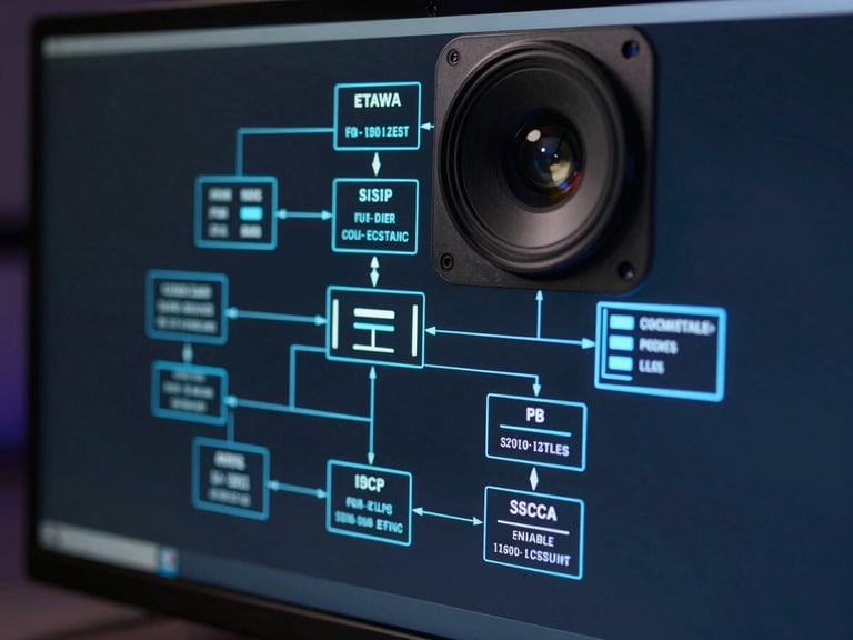 Macro close-up of a high-fidelity system architecture diagram on a sleek dark-mode monitor, cool neon blue backlighting, sharp focus, 35mm lens
