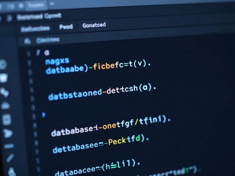 Moody dark-mode close-up of clean code editor displaying database schema, cool neon blue backlight, sharp focus