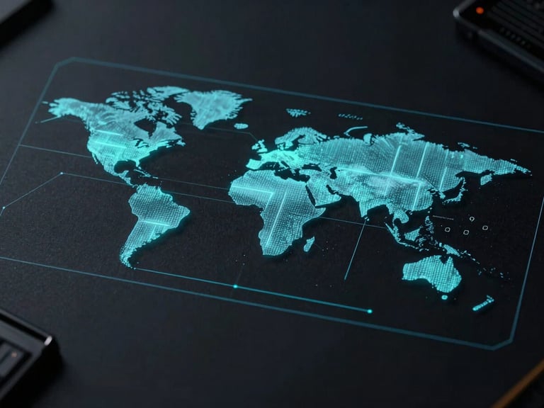 Overhead architectural diagram of global server distribution, glowing cyan lines on dark background, high contrast