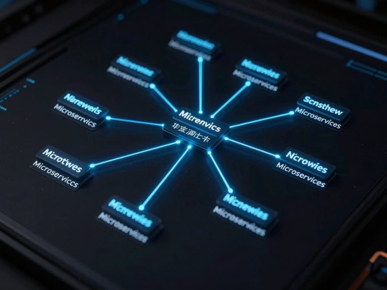 High-fidelity system architecture diagram of a microservices network on a dark screen, glowing electric blue connection lines, clean monospace labels, terminal styled UI, cool moody lighting.