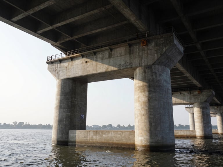 Low-angle shot of a massive concrete bridge pier anchored in deep river water, high-contrast industrial documentary photography