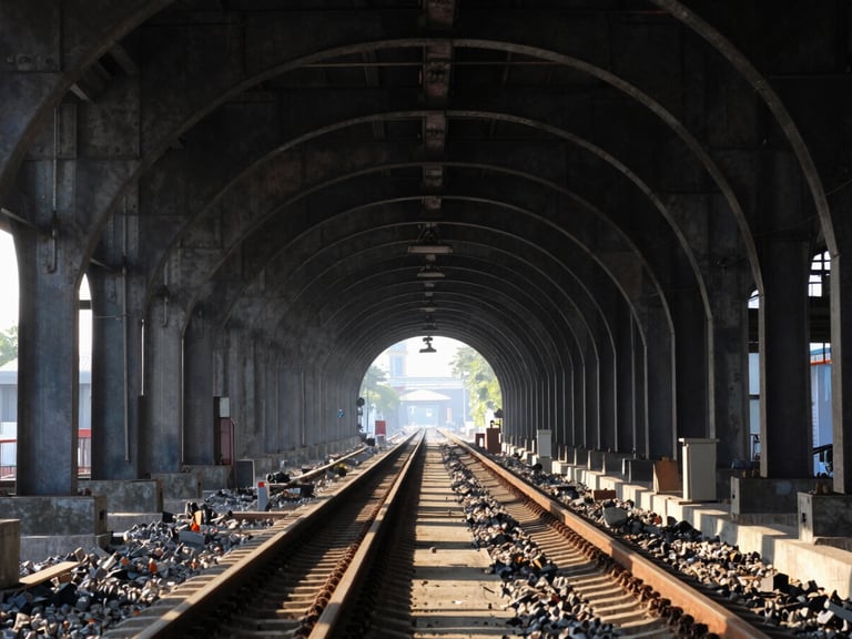 Inside a massive dark railway tunnel under construction, temporary steel arches visible, dramatic industrial spotlighting