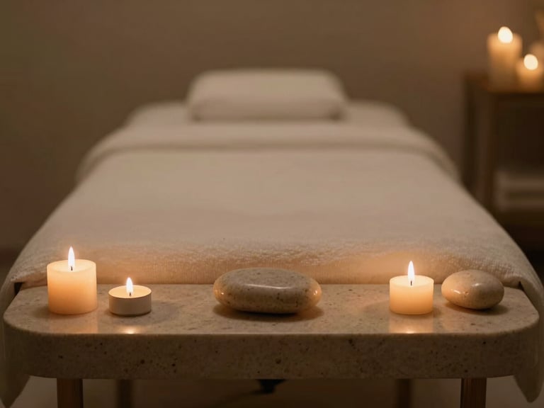 Wide, symmetrical view of a dimly lit, clean treatment room, warm candlelit glow, smooth basalt stones on a side table, moody editorial photography.