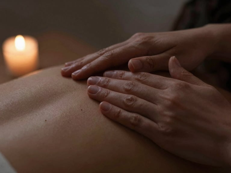 Close-up of hands applying precise pressure on a shoulder, subtle herbal compress details, soft low-key candlelight, moody editorial photography.