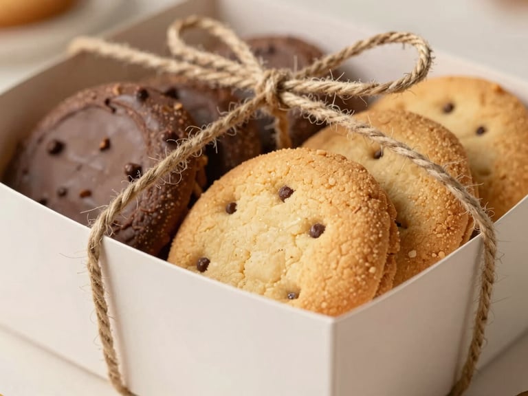 Craft paper cookie box tied with rustic twine, fresh cookies visible inside, soft warm afternoon lighting