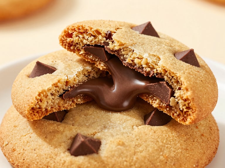 Macro shot of a golden baked cookie broken in half, thick chocolate chunks oozing out, warm natural side light