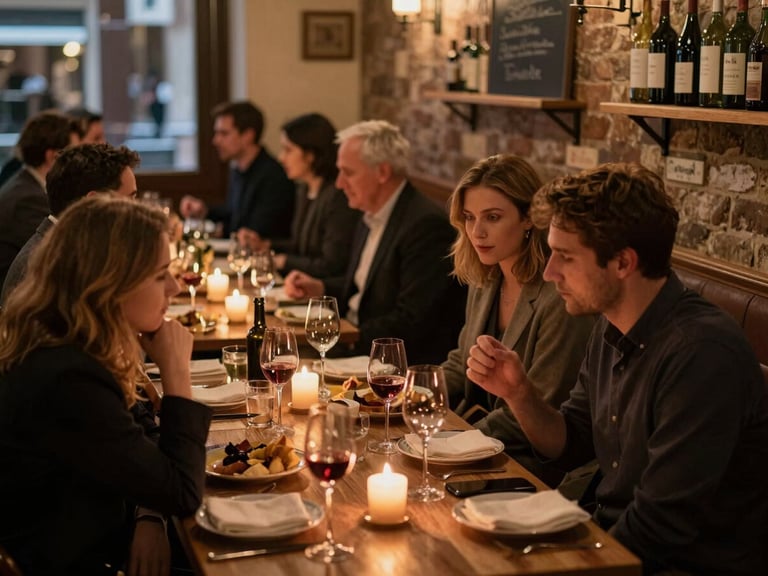 A busy neighborhood bistro dining room filled with patrons, warm candlelight, wine glasses reflecting soft ambient glows.
