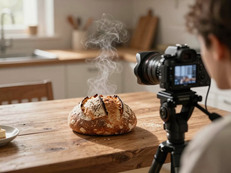 Over-the-shoulder shot of a camera setup on a tripod in a warm, naturally lit kitchen, capturing steam rising from a freshly baked loaf of sourdough on a rustic wooden table.