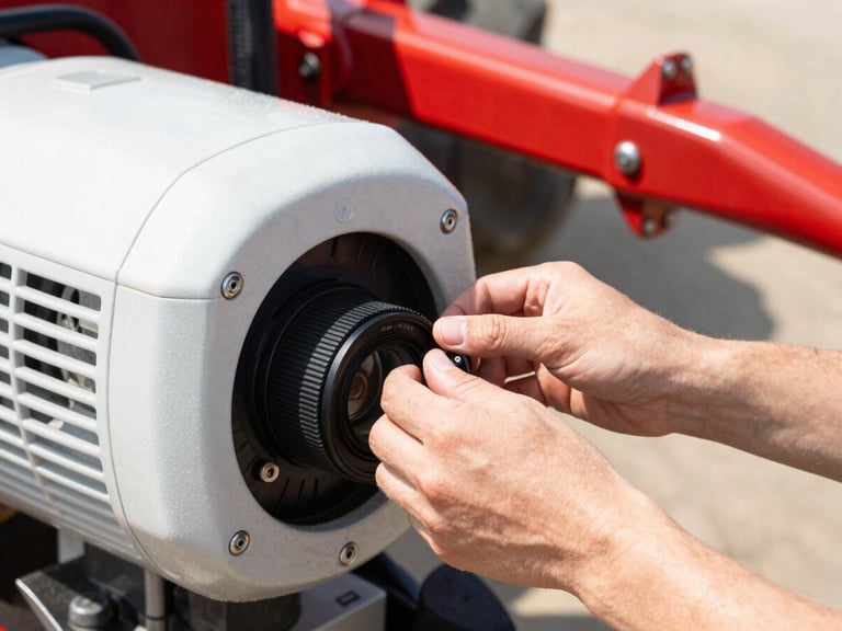 Close-up of hands adjusting a high-performance agricultural motor, bright natural day light, high-contrast red and white tones, crisp details, 35mm lens