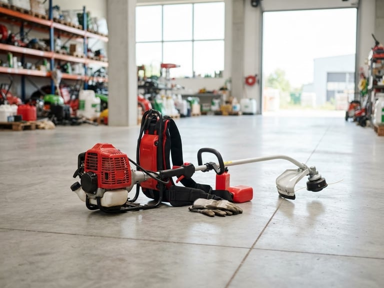 Sharp industrial agricultural photography, a red motorized brushcutter resting on a clean concrete floor of a well-lit warehouse, bright natural daylight, crisp details, 35mm lens