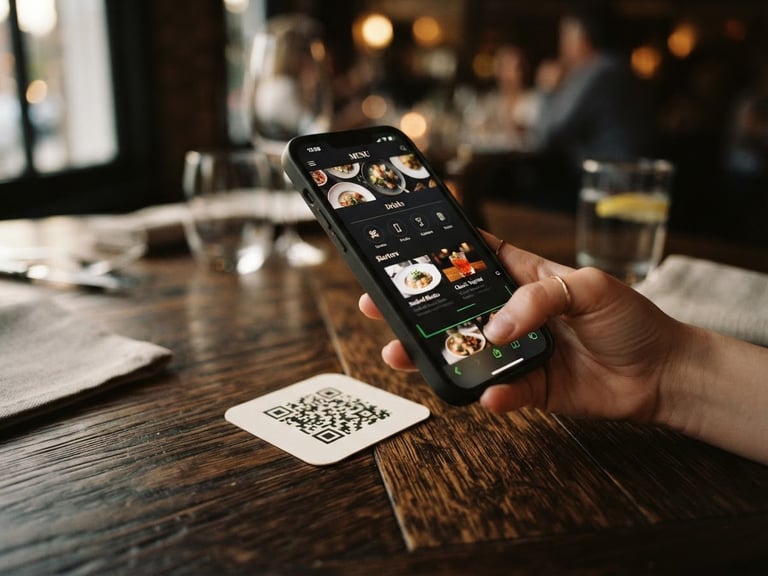 Close-up of a hand holding a smartphone scanning a clean QR code on a dark wooden restaurant table, warm side lighting, elegant digital menu interface visible on screen, 35mm film style