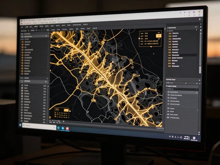Detailed geological mapping software on a high-end monitor in a dark room, glowing gold lines, technical data overlays, sharp focus, cinematic industrial photography
