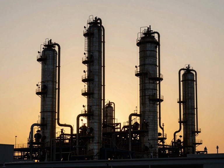 Architectural view of a modern oil refinery at twilight, towering distillation columns silhouetted against a golden-hour sky, sharp focus, 35mm film