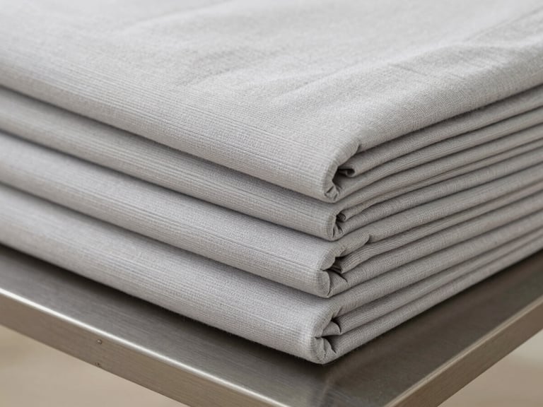 Close-up shot of folded light gray bamboo fiber bedding set, neat stack on a minimalist steel table, soft neutral daylight, detailed textile texture