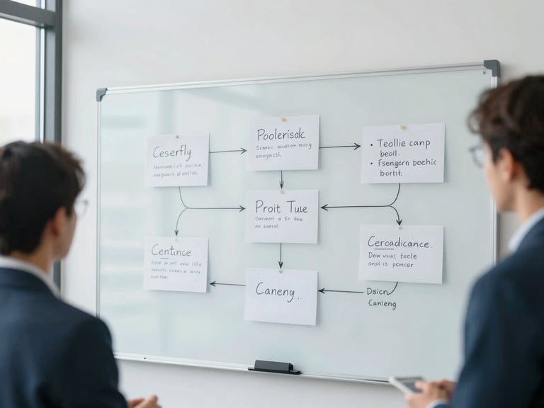 Collaborative strategy session around a physical whiteboard with ad campaign flowcharts and notes, modern clean workspace, bright natural office light, cool blue and slate tones, sharp focus, 35mm lens