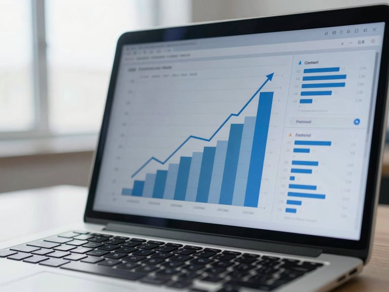 Close-up of a laptop screen showing upward trending charts and analytics data, clean corporate photography, bright natural office light, cool blue and slate tones, sharp focus, 35mm lens