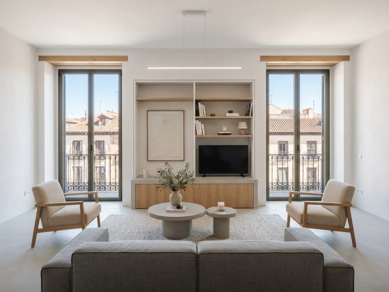 Symmetrical straight-on architectural shot of a newly renovated Madrid apartment living room, bright natural daylight, clean microcement floors, sharp minimalist finishes, 35mm