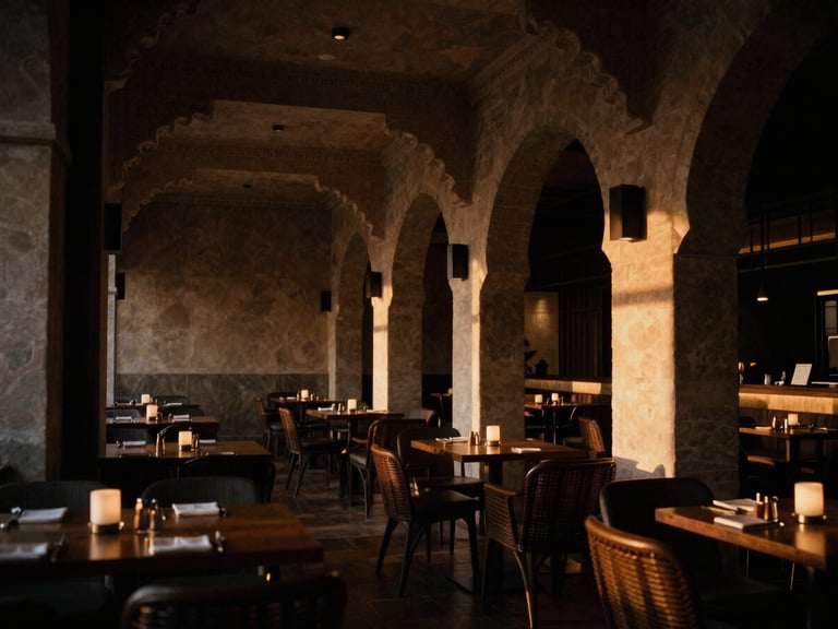 Interior shot of a high-end restaurant or lounge in Goa, deep shadows, warm accent lighting, architectural details, medium format film.