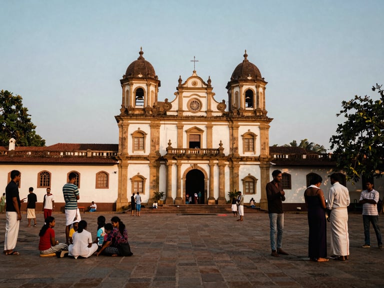 Candid shot of a curated local experience in Goa, soft golden-hour lighting, people engaging respectfully with local culture, medium format film.