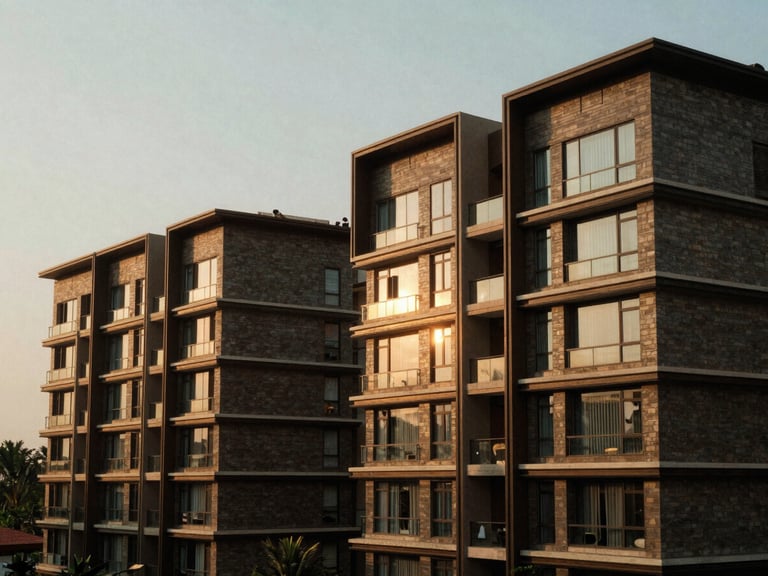 Architectural shot of a modern, luxury residential complex in Goa, warm golden-hour side lighting, textured building materials, medium format film.