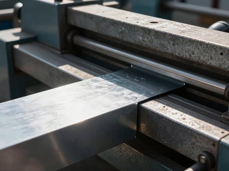 Close-up of industrial zinc work being folded by professional machinery, direct sunlight, sharp focus, 35mm