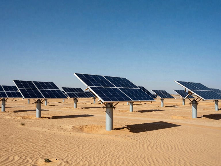 High-contrast environmental photograph of a massive solar array in a desert landscape, sharp natural sunlight, deep blue sky, warm sand-gold tones, 35mm.