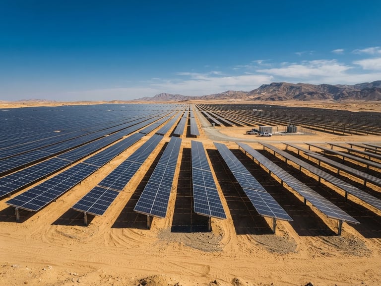 Wide-angle architectural shot of a massive solar array field in the Middle Eastern desert, high-contrast natural sunlight casting sharp geometric shadows, warm sand-gold and deep sky tones, 35mm lens.