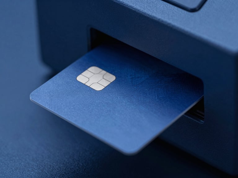 Close-up of a secure chip card being inserted into a card issuance machine, cool blue studio lighting, macro details, professional, clean