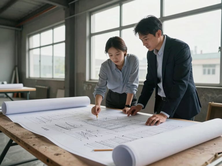 Mid-distance view of an architect and a project manager reviewing large rolled drawings spread across a temporary site table, overcast daylight through warehouse windows, pencil annotations visible on the sheets