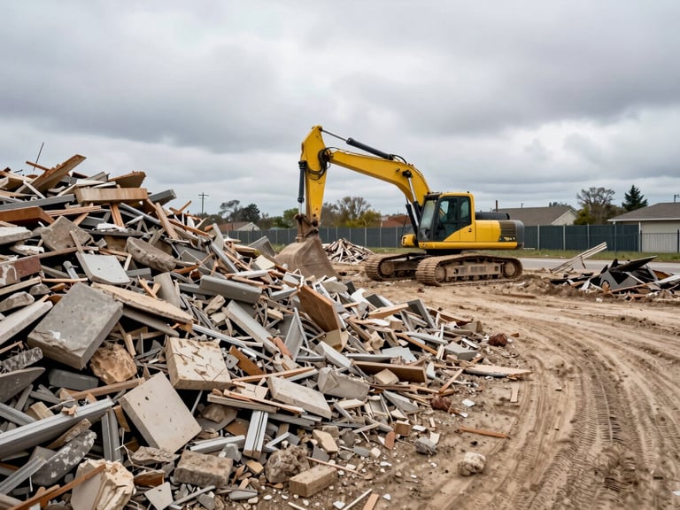 Wide environmental shot of a cleared residential demolition site, rubble consolidated to one side, an excavator stationary in the background, overcast sky, suburban fence line visible at the boundary