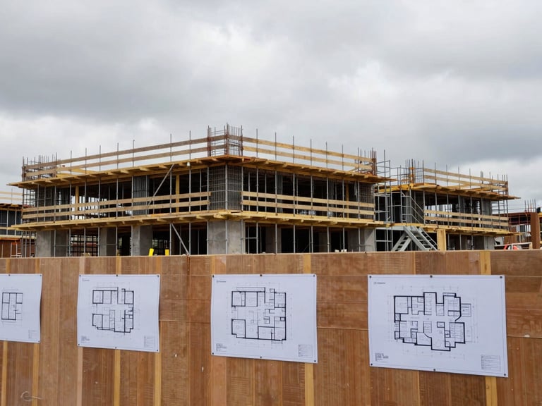 Mid-distance shot of a residential construction frame at lock-up stage on an overcast day, site plans pinned to a temporary hoarding in the foreground, no workers posing, empty scaffolding visible