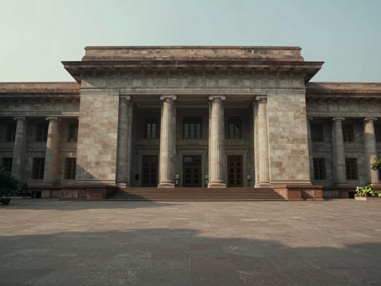 Wide environmental shot of classical New Delhi institutional stone building with geometric shadows, soft diffused daylight, emphasizing symmetry and architectural scale.