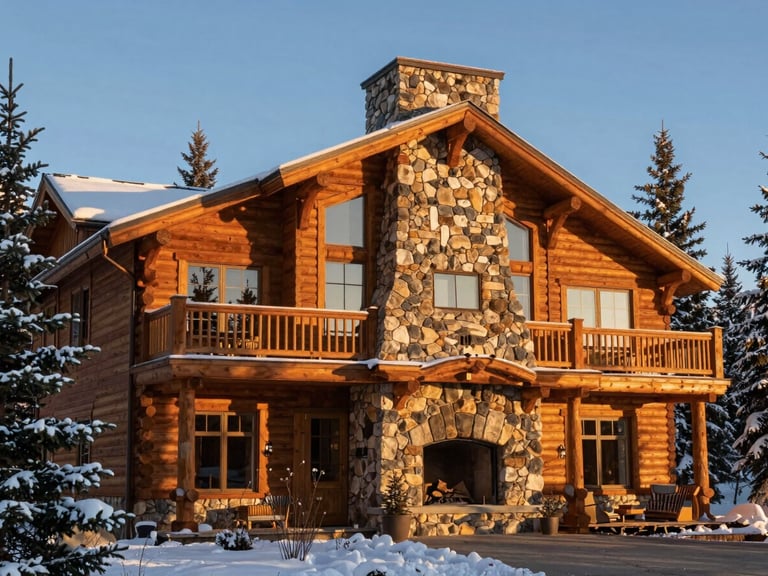 Exterior of a luxury timber-framed mountain home at Liberty Lake, natural stone fireplace chimney visible, warm golden-hour glow, snow-dusted pine trees in background.
