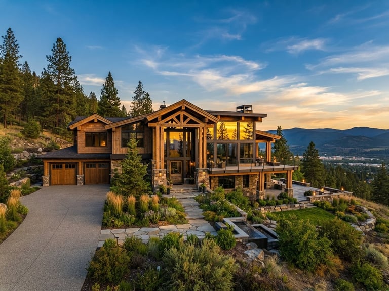 Wide architectural exterior of a modern custom mountain home in Spokane, natural timber framing, large windows reflecting warm golden hour sunlight, clean and organized landscape.