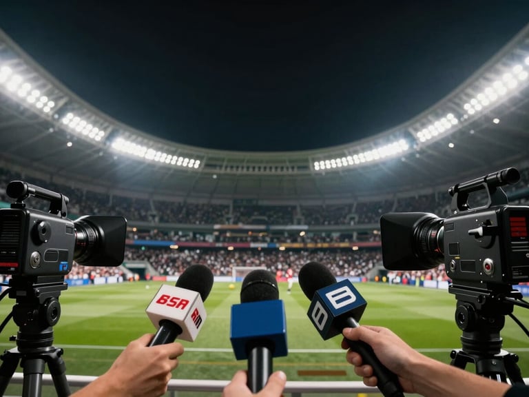 Intense press conference flash lighting up a modern media room, microphone in focus, dramatic sports journalism atmosphere, 35mm
