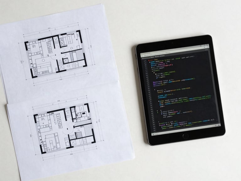 A top-down flat-lay of clean technical planning documents, architectural blueprint diagrams, and a sleek modern tablet displaying code structures on a white desk under bright neutral daylight.