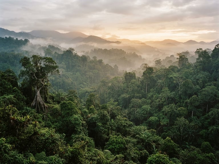 Wide environmental shot of Sumatra rainforest canopy shrouded in morning mist, soft filtered green light, 35mm lens, atmospheric scale