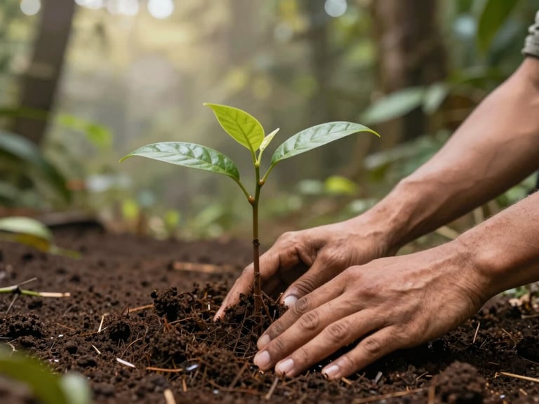 Close-up of hands planting a native tree sapling in rich volcanic soil, filtered jungle light, warm editorial travel photography