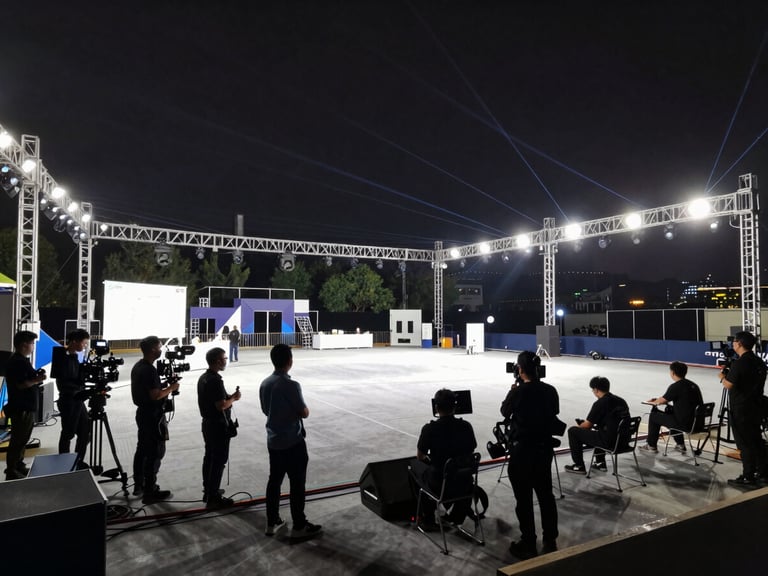 Wide environmental shot of an organized event venue during daytime setup, professional production gear neatly arranged, technicians working under clean stage lights, wide-angle lens.