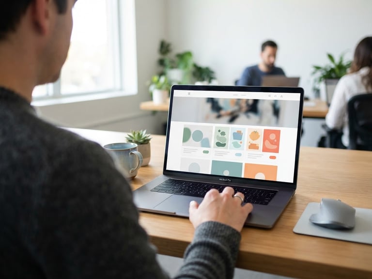 Over-the-shoulder shot of a clean laptop screen displaying a modern website layout on a bright wooden desk, natural daylight, sharp focus