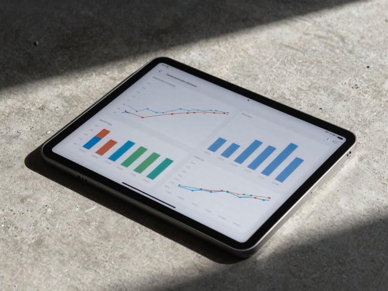 A high-contrast macro shot of a modern tablet screen displaying real-time digital analytics charts and conversion graphs, resting on a concrete workspace with dramatic shadows.