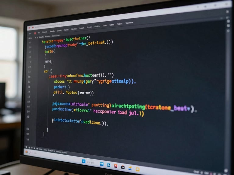 Macro shot of clean code on a dark screen, sharp focus on syntax highlighting, dramatic natural light from the side, industrial workspace context.