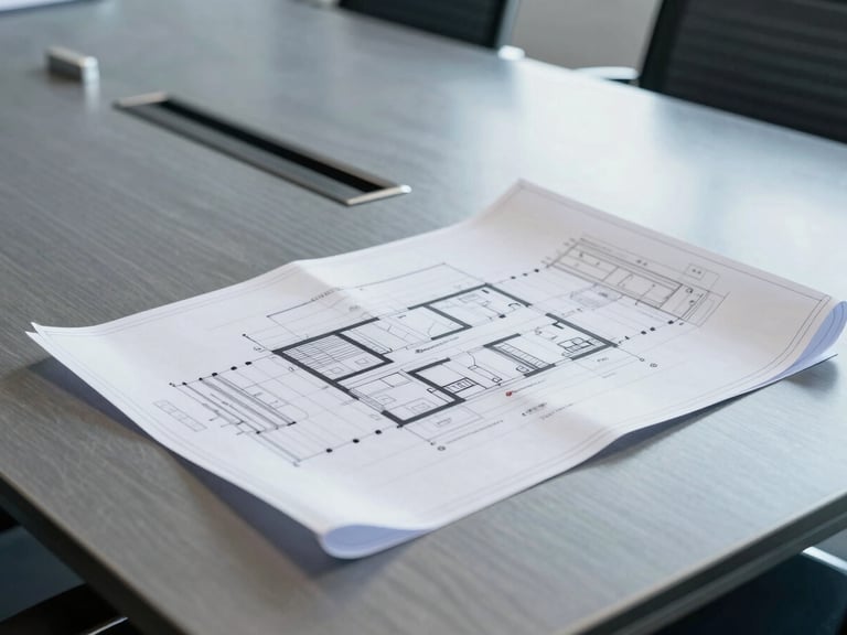 Architectural blueprints laid out on a clean metal conference table in a modern boardroom, cool office lighting, sharp focus
