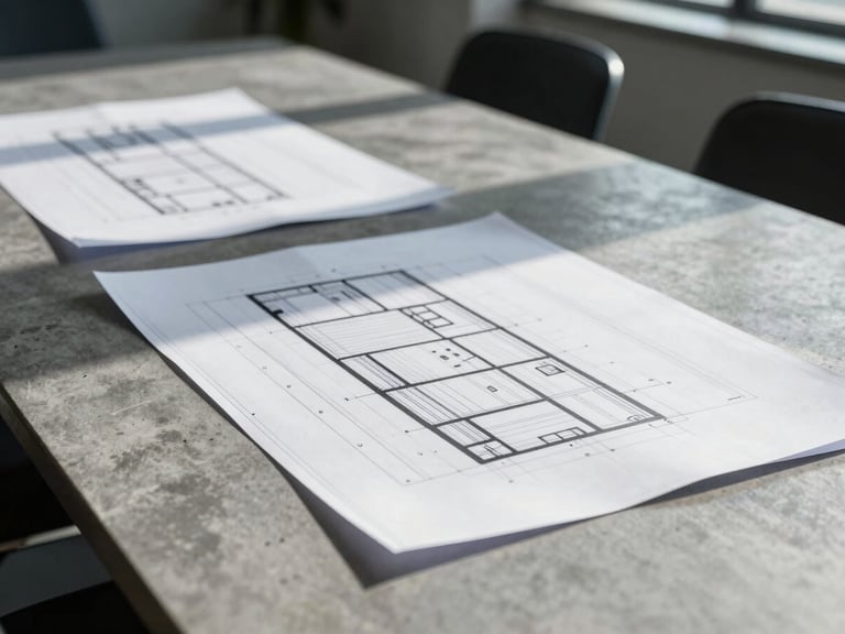 Crisp architectural blueprints laid out on a concrete conference table, cool daylight casting sharp geometric lines, professional atmosphere