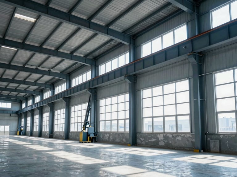 Wide environmental shot of a modern clean industrial warehouse interior, high-contrast daylight streaming through high windows, structured steel beams