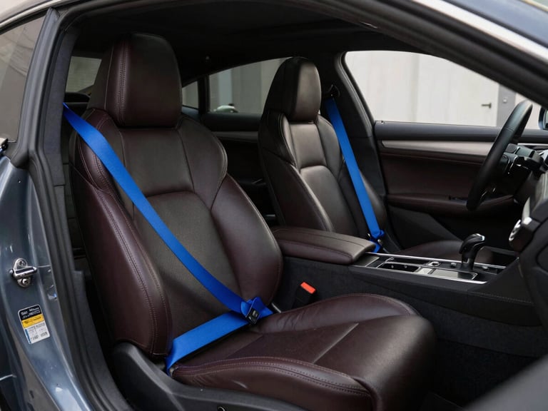 Wide angle shot looking into an open car door, showcasing a flawless dark leather interior with vibrant electric blue seatbelts installed.