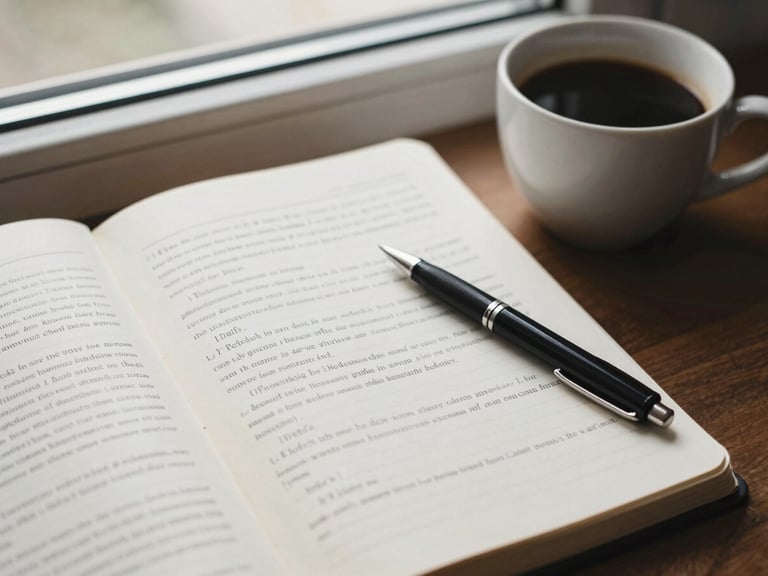 Overhead shot of a notebook with legal article outlines and a pen, next to a cup of coffee, soft natural window light, muted tones.